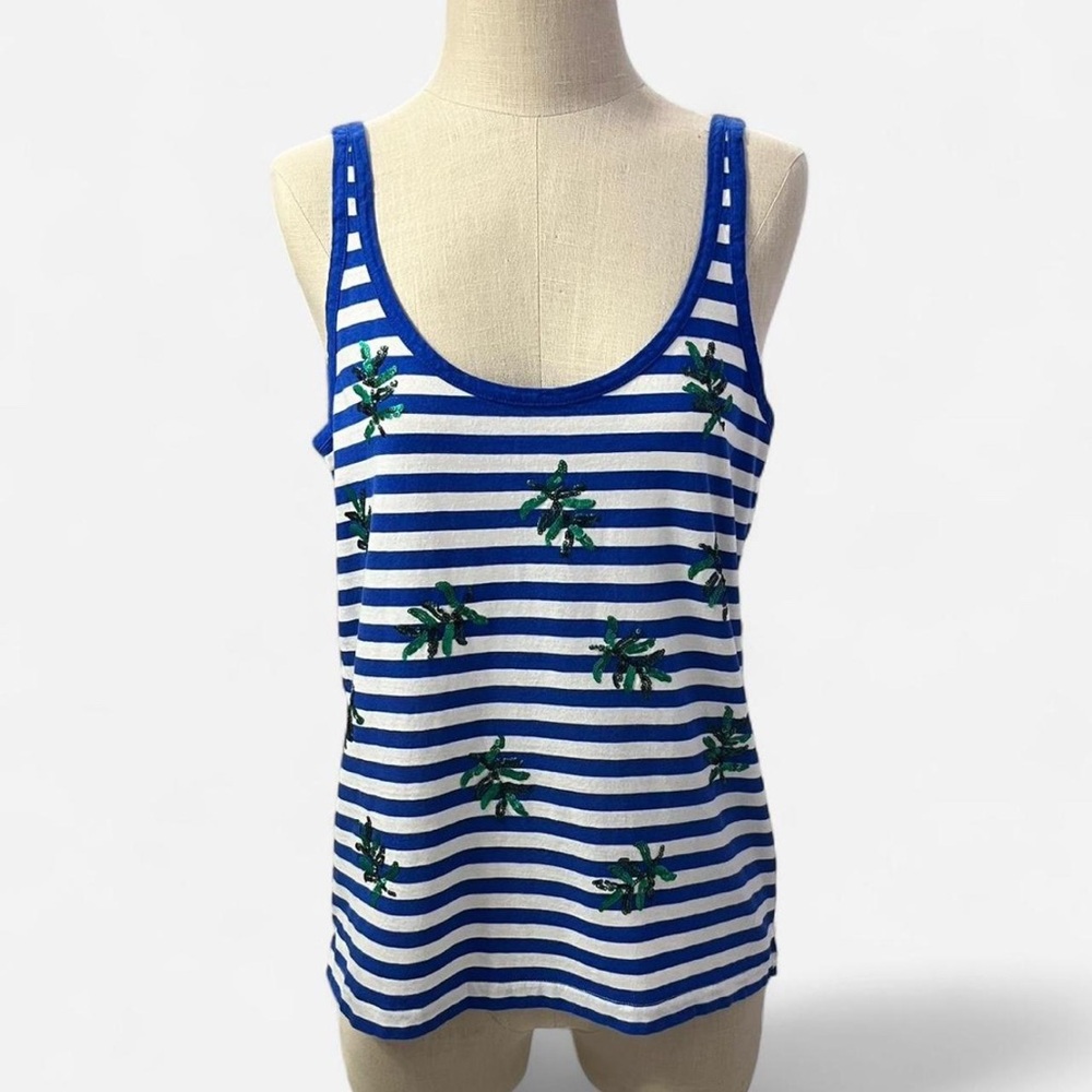 J.Crew Striped Tank Top Palm Leaf Sequin Cotton Linen Blend Coastal Preppy
